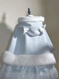 SHOPMOCHO Winter New Lolita Shawl Overcoat Women Design Bow Hooded Patchwork Kawaii Cope Coat Female Warm Chic Sweet Fur Collar Coat