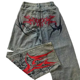 SHOPMOCHO 2025 New American Trend Retro Hip-hop Embroidery Pattern Baggy Jeans For Men And Women Y2K Harajuku Gothic Wide Pants Streetwear
