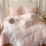 Shopmocho Three-dimensional Embroidery Aesthetic Lace Washed Cotton Quilt Cover Chiffon Soft /Breathable Bed Sheet Bedding Four Piece Set