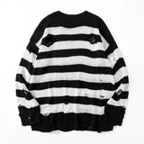 SHOPMOCHO Black Stripe Sweaters Destroyed Ripped Sweater Men Pullover Hole Knit Jumpers Men Oversized Sweatshirt Harajuku Long Sleeve Tops