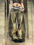 SHOPMOCHO American Retro Washed Denim Jeans washing old hand-painted graffiti printed jeans Fashion Loose Casual Wide Leg Jeans