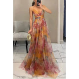 SHOPMOCHO Sexy Hollow Out Party Dress, Women Summer Loungewear Fashion Printing Maxi Dress, Sleeveless Lace-Up Ladies Dress Vestido