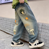 SHOPMOCHO Boys' denim trousers, suitable for spring and autumn, children's pants with cartoon prints, casual style for outdoor street wear