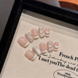 Shopmocho Handmade Press on Nails Sweet Bowknot Pearl Decor French Fake Nails for Women Girl Wearable Shiny Cat Eye Bride False Nail Tips