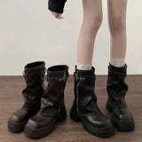 Shopmocho Winter Women Biker Boots Fashion Belt Buckle Ladies Elegant Platform Flats Short Booties Casual Women's Knight Booties