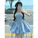 SHOPMOCHO 2026 Japanese Summer Blue Pure Desire One Shoulder Birthday Dress Thousand Gold Style Bow Knot Slim Short Sleeve Women's Dress
