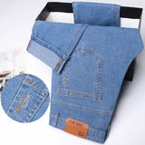 SHOPMOCHO Summer Light Blue Men's Comfort Soft Jeans Thin Straight Business Denim Pants Breathable Cotton Casual Stretch Work Trousers