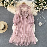 Shopmocho Ladies Dress Three-dimensional Flower Hook Mesh Temperament Stand Collar Lantern Sleeve High Waist Slim Female Dresses