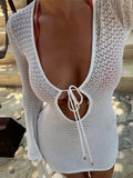 Shopmocho Knitted Women Short Dresses Hollow Out Full Sleeve See Through Lady Mini Dress 2025 Chic Elegant Summer Beach Female Slim Robes