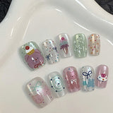 SHOPMOCHO 10Pcs Wearable Cat Eyes Series Short Square Press On Nails Kawaii Cartoon Cat Rabbit Rhinestone Gradients Full Cover False Nails