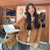 Shopmocho New Fashion Horn Button Hooded Lamb Fur Coat Women Clothing Winter Coats New Loose Thick Suede Brown Short Jacket for Women