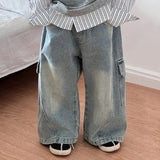 SHOPMOCHO Korean Children's Jeans Loose Straight Pants Wide Leg Cargo Pants for Boys Girls New Spring Autumn Kid's Denim Pocket Trousers
