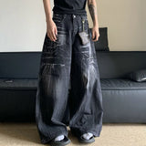 SHOPMOCHO Autumn Winter Korean Vintage Jeans Lightning Pattern Design Men'S Loose Straight Leg Pants Casual Fashion Black Pants