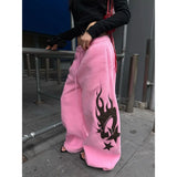 SHOPMOCHO2025 New Autumn American Design Flame Print Drawstring Wide-leg Casual Sweatpants for Men and Women Loose Pink Fashion Trousers