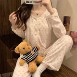 SHOPMOCHO Floral Long Sleeve Fitting Sleepwear Two-piece Set Spring Autumn Lace Trim Cotton Pajama Women Cute Casual Outable Home Suit Set