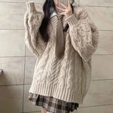 Shopmocho Autumn Winter Women Sweater Harajuku Oversized Knitted Pullovers Korean Long Sleeve V Neck Knitwear Preppy Solid Loose Jumper
