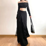 SHOPMOCHO Y2K Black Long Skirt Women Harajuku Gothic Lace Asymmetrical Maxi Skirts Summer Korean Ruffles Patchwork Bandage Design Faldas