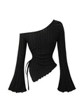 SHOPMOCHO women's New off shoulder cross long sleeved slim fit casual street style asymmetrical elegant T-shirt trumpet sleeve top
