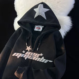 SHOPMOCHO Y2K American Letter Printed Zip-up Hoodies Women Street Fashion Harajuku Style Sweatshirt Couple Casual Loose Plus Velvet Hoodie