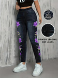 SHOPMOCHO 【Non-Denim】Women's Faux Denim Print Leggings, Sports Casual Skinny Pants, Thin Soft Skin-Friendly Yoga Pants, All-Season Long Pa