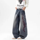 SHOPMOCHO Women's Loose Straight Leg Jeans Elastic High-End Feel  European Fashion Embroidered Flower Trendy Versatile Wide Leg Jeans