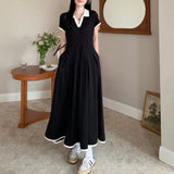 Shopmocho Plus Size Office Lady's Elegant Black Dress Short Sleeve Loose Pleated Midi Dress Casual Matching Dress Vintage Hepburn Dress