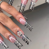 Shopmocho 24pcs Rhinestones Full Cover Nail Art Datachable Glitter French Press on Nails Tip Flower Long Square Fake Nail Pink False Nails