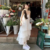 Shopmocho SweetAge-ReducingWhite French Style Tank Dress Loose Fit Long Dress For Women Spring Vacation Style Petite Cake Dress
