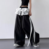SHOPMOCHO Women's Patchwork Lace Skirt Casual Wide Leg Pants Spring Summer Niche Design Contrasting Style for Fashionable Ladies