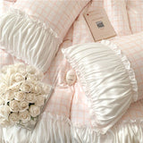 Shopmocho Korean Style Princess Bedding Set Luxury Pink Lattice Duvet Cover Ruffles Lace Bedspread Bed Sheet Pillowcases