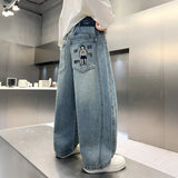 SHOPMOCHO Boys' Wide Leg Jeans Cartoon Embroidery Back Pocket Loose Fit Streetwear Casual Denim Pants Comfortable Fashion Ages 5-15 Years