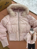 SHOPMOCHO American Retro Pink Fur Collar Hooded Short Cotton Coat Fashion High Street Fur Collar Hooded Cotton Coat Winter Jacket Women