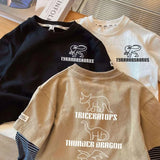 SHOPMOCHO 2025 Spring and Autumn Children's Long Sleeve Tees Fake Two Piece Girl's Sweatershirt 1-7Y Boys Casual Loose Pullover Dino Tops