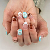 SHOPMOCHO 24pcs White Flower Fake Nail Tips Ins Yellow Pink Blush False Nails Wearable Full Cover European Almond Shaped Press on Nails