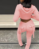 SHOPMOCHO Zipper Design with Exposed Navel Hooded Sweatshirt and Drawstring V-Shaped Waistline Work Pants, Sports Pants Long Pants Set