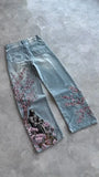 SHOPMOCHO Men Women Cherry Blossom Knight All Embroidery Denim Pants Y2k Vintage Baggy Street Straight Jeans High Waisted Washed Blue Jean