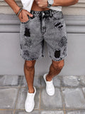 SHOPMOCHO Men's Summer Denim Shorts. Straight-Leg Fit. Ripped Design. Dark Gray Denim Embroidered Shorts
