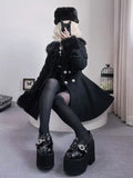 SHOPMOCHO Winter New Japanese Slim Bow Long Sleeve Coat Fashion Elegant Fur Collar Lace Overcoat Women Design Chic Sweet Woolen Cloth Coat