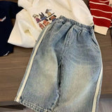 Shopmocho 2025 New Spring Boys Children's Denim Overalls Autumn Loose Casual Pants Girls Wide Leg Jeans  Kids Straight Denim Trousers