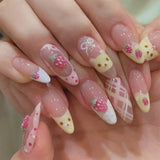 Shopmocho 10Pcs Almond Press on Nails with Pink Strawberry Bear Design Acrylic False Nails Cute Full Cover Sweet Girl Wearable Nail Tips