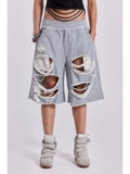 SHOPMOCHO  Gray Distressed Baggy Shorts Women Casual Grunge Wide Leg Sport Shorts Hip Hop Streetwear Oversized Holes Sweatpants