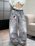 SHOPMOCHO 1PC Vintage Leopard Print High-Waist Loose Women's Jeans, Fashionable Design, Street Style Casual Versatile Wide-Leg Pants