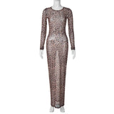 Shopmocho Leopard Print Mesh See Through Sexy Party Club Maxi Dress Outfits Women Autumn Winter Long Sleeve Y2K Streetwear Dress Vestido