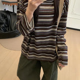 Shopmocho Long Sleeve Striped Korean Style Loose Women's T-shirt Polyester Fiber round Neck Casual Slimming Top for Early Autumn