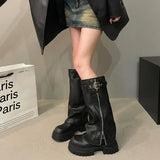 Shopmocho Winter Women Biker Boots Fashion Belt Buckle Ladies Elegant Platform Long Pipe Booties Casual Women's Knee High Booties