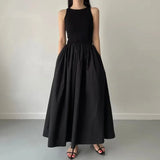 Shopmocho New Summer Simple Elegant Black Long Dresses For Women Round Neck Sleeveless High Waist Temperament Female Fashion Style Dress