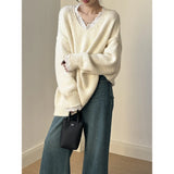 Shopmocho Lace Trim Warm Sweater For Women V Neck Long Sleeve Winter Loose Soft Top