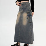 Shopmocho 2025 Women Y2k High Waist Denim Ankle Length Cargo Skirts Girls Robe Cool Wrap Dress Female Retro Blue A Line Long Jeans Skirts