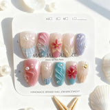 SHOPMOCHO 24PCS Sweet Pink Blush French Almond Press on Nails 3D Flower Ripples Fake Nails for Women Girls Simple Ins Nail Tips Detachable