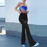 Shopmocho Women High Waist Black Flare Jeans Lady Bell Bottom Ripped Denim Pants Streetwear Distressed Classic Full Length Long Trouser